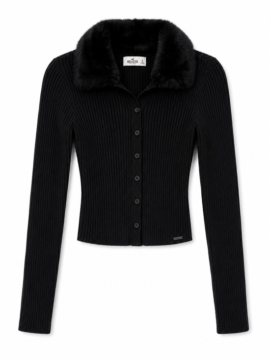 Hollister Tops - Hollister Black Ribbed Button-Up Cardigan with Faux Fur Collar